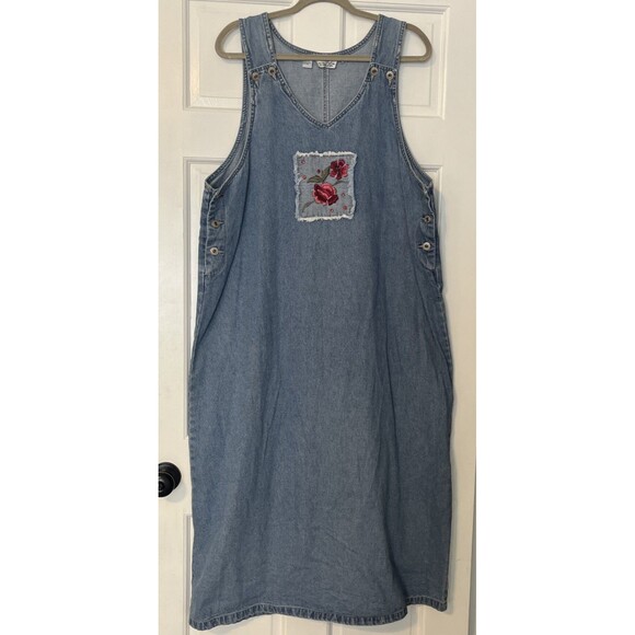 Vintage 90s Denim Maxi Dress Women 1X Embroidered Floral Jumper Overalls Cottage - Picture 1 of 8
